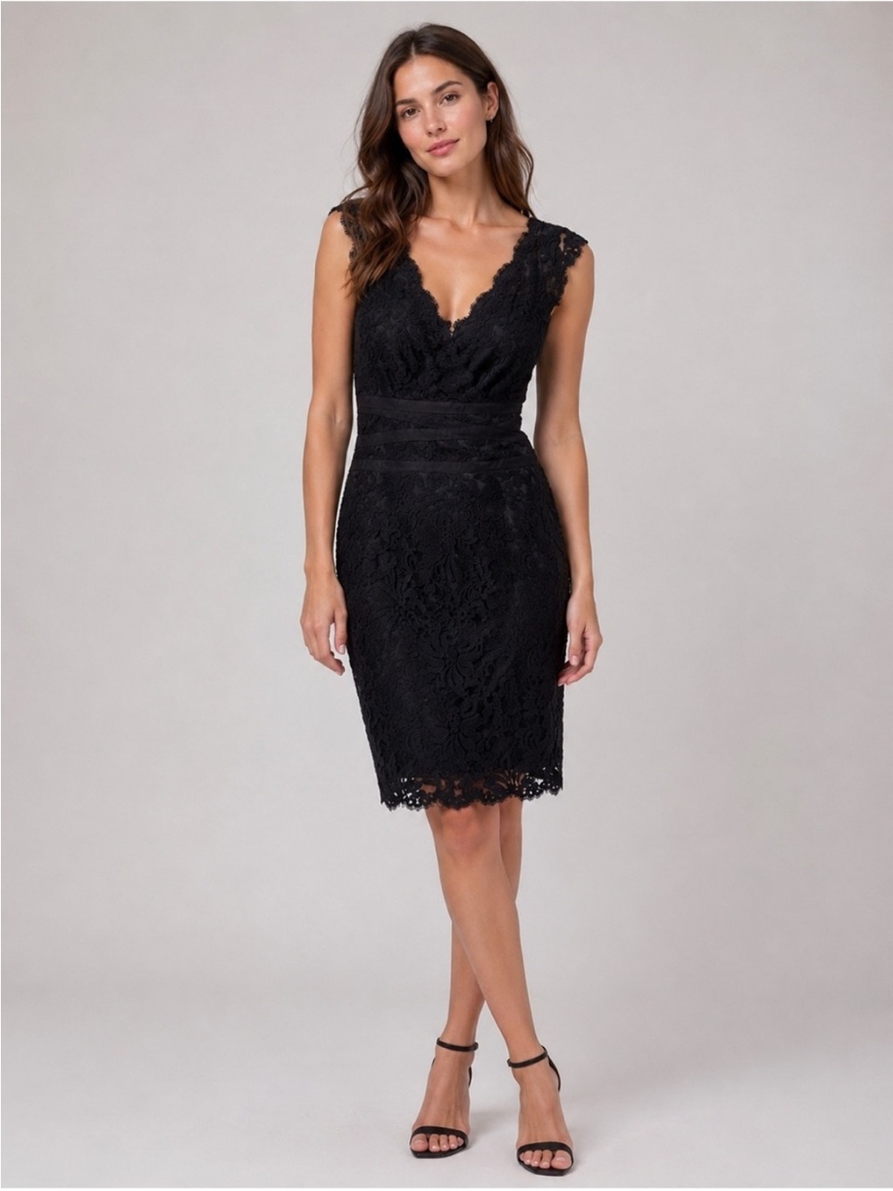 Tadashi Shoji Black Lace V-Neck Cap Sleeve Midi Dress